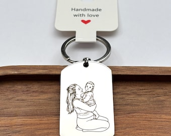 Photo Keyring, Personalised Engraved Photo Keychain, Line Drawing Keyring, Unique Custom Keepsake