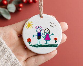 Father's Day Child's Drawing Keepsake, Kids Artwork gift, Ceramic hanging decoration featuring child's painting.