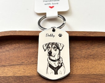 Dog photo engraved keyring, dog sketch gift, pet keepsake gift, dog lovers keychain, charity donation from every order