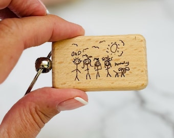 Engraved Wooden Keychain, Children's Drawing Art Gift