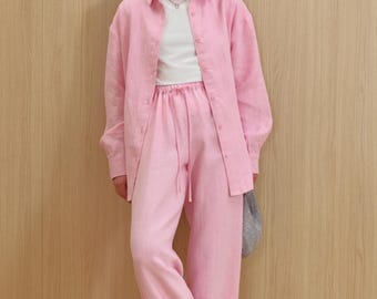 Conjunto rosa suave para mujer, dos piezas de lino 100 % natural, conjunto de verano a juego con camisa abotonada y pantalón ancho, ropa de estar minimalista.