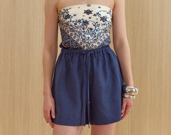 Shorts minimalistas de lino para mujer, 100 % lino natural, azul marino, tiro alto, cintura con cordón ajustable.