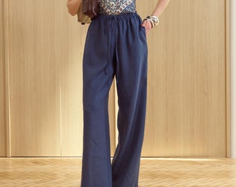 Pantalones de lino azul marino para mujer, 100 % lino natural suavizado, pantalones de verano de pierna ancha con cintura elástica, ropa minimalista para resort.