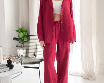 Conjunto de pijama con botones para mujer, 100 % algodón, de muselina de doble gasa