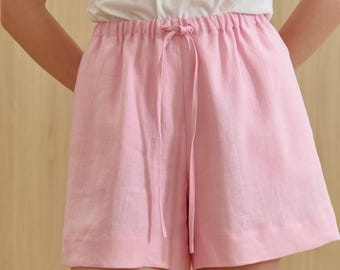 Shorts de lino color rubor para mujer, shorts de verano de cintura alta en rosa suave, 100 % lino natural, estilo minimalista relajado, look vacacional ligero y fresco.