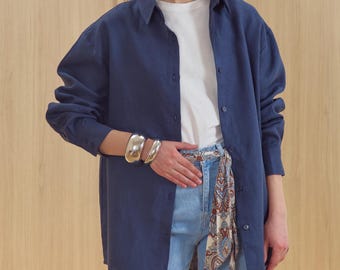 Camisa de lino azul marino intenso para mujer, blusa holgada de manga larga, 100 % lino natural, blusa transpirable de verano con botones.