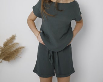 Pijama de algodón arrugado de un solo hombro, pijama de muselina para vacaciones, ropa de estar corta de verano para mujer, conjunto de pijama natural suave, ropa de casa verde oscuro