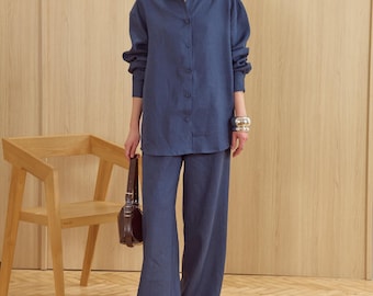 Conjunto de lino azul marino para mujer, 100 % natural, dos piezas, camisa holgada abotonada y pantalón ancho, estilo minimalista de verano.