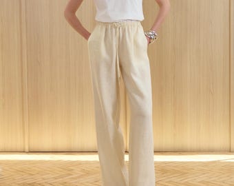 Pantalones de lino color crema para mujer, 100 % lino natural suavizado, pantalones anchos de verano con cintura ajustable, ropa de estar por casa minimalista.