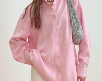 Camisa de lino rosa ruborizado para mujer, blusa holgada con botones, 100 % lino natural, top ligero de verano, prenda esencial de estilo minimalista.