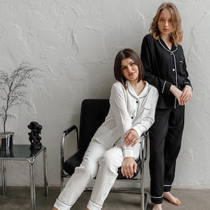 Classic Muslin Pajama Set with Piping, Long Sleeve Shirt and Pants, 100% Cotton Sleepwear for Women