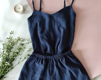 Pijama azul oscuro suave 100% algodón, Pijama de dama de honor, Conjunto de pijama de muselina, Ropa de dormir para mujer, Conjunto de pijama jaspeado, Pijama natural