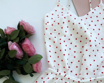 Pijama de muselina natural con estampado de corazones, camiseta ligera de verano y pantalones cortos, ropa de dormir romántica para ella, ideal para despedidas de soltera o para una noche de chicas.
