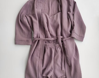 Soft crincle 100% cotton pajama set with robe, Bridesmaid purple pajamas, Muslin pajama set, Comfy natural homewear, Bridal party gift