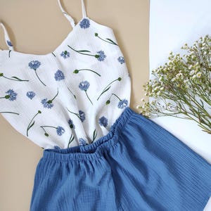Women’s Summer Pajamas, Wildflower Tank Top and Cotton Shorts,  Soft Summer Loungewear, Perfect Gift For Her, Blue Floral Sleepwear