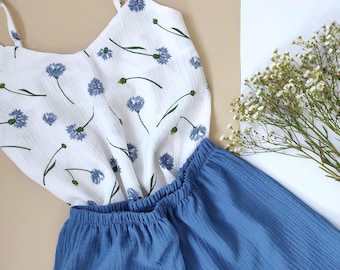 Pijama de verano para mujer, camiseta sin mangas con estampado de flores silvestres y pantalones cortos de algodón, ropa de estar suave para el verano, regalo perfecto para ella, pijamas florales azules.
