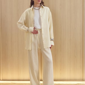 Ivory Linen Set for Women, 100% Natural Two Piece Outfit, Relaxed Fit Shirt and Wide Leg Pants, Minimalist Summer Co-Ord