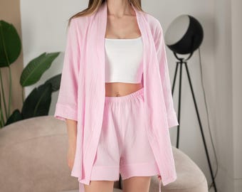Conjunto de kimono y pantalón corto de muselina rosa, ropa de estar por casa para mujer, 100 % algodón de doble gasa, pijama de verano, ropa minimalista para estar en casa.