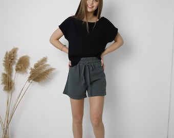 Pijama de algodón arrugado verde oscuro para mujer, pijama corto de muselina de verano, ropa de estar por casa, conjunto de pijama elegante.