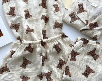 Pijama de 4 piezas de muselina natural con estampado de oso, acogedora ropa de estar de algodón, regalo para ella, ropa de dormir bonita para mujer.