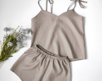 Pijama de lino marrón, ropa de dormir 100% lino, conjunto de pijama natural para mujer, camiseta y pantalones cortos de lino, ropa de casa de lino, pijamas cortos