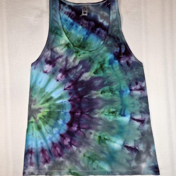 Medium Ladies Muscle Tank Peacock (Side Fan Fold Pleat) Ice Dyed Tie Dye Tank Top (runs small)