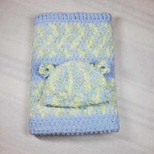 Crochet Baby/Stroller Blanket + Hat with Ears - Baby Blue & Meadow Frosting