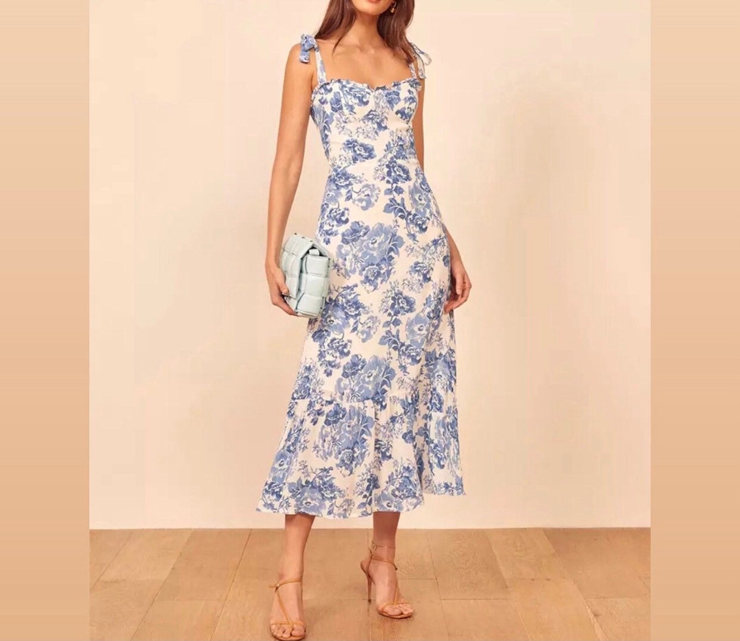 Summer Dresses Women Blue White Floral Print Dress Spaghetti - Etsy