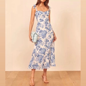 Summer Dresses Women Blue White Floral 