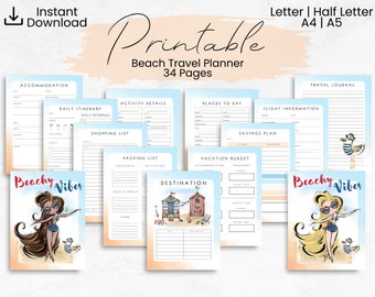 Planificateur imprimable de vacances Beach Vibes, Lettre, A4, Demi-lettre, A5, Pages d'agenda numérique, Impression à la maison, Téléchargement numérique instantané