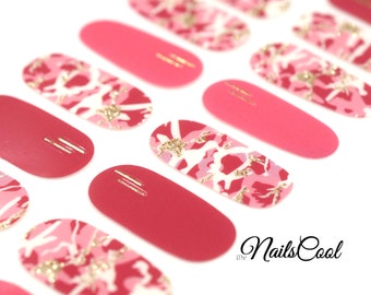 Watermelon Light Red Color Camouflage Gold Glitter Real nail Polish Strips Nail art Wraps Street Art 22 Strips 3D Design