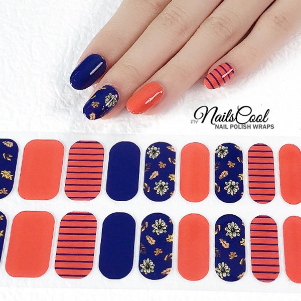 Orange & Indigo Blue Color Real nail Polish Strips Nail art Wraps Street Art Design  Flower Leaf Pattern 20 Strips