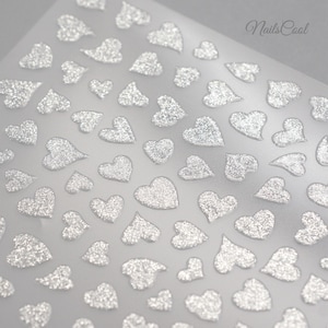 Silver Glitter Hearts Nail Stickers Metallic 3D Nail Decals Effect DIY Nails Nail Art