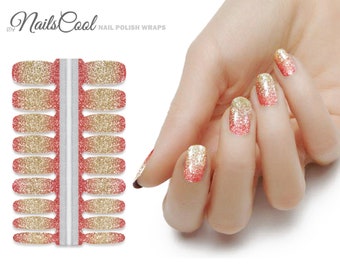 Orange Color Glitter Gradient Gold Real nail Polish Strips Nail art Wraps Street Art 18 Strips