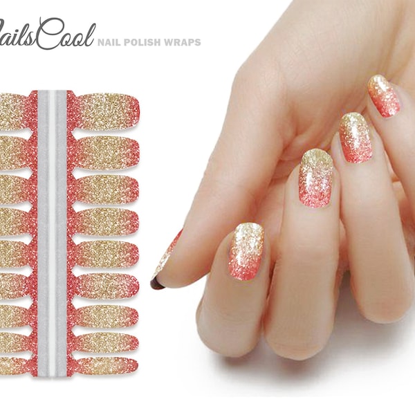 Orange Color Glitter Gradient Gold Real nail Polish Strips Nail art Wraps Street Art 18 Strips