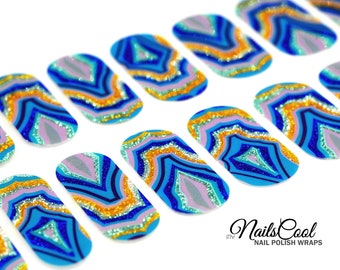 Turquoise Blue Color Stone Grain Pattern Gold Glitter Real nail Polish Strips Nail art Wraps Street Art 20 Strips