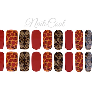May include: Set of 12 nail wraps with a red, orange, and black geometric pattern. The pattern includes a giraffe print and a diamond pattern.