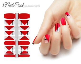 Matte Red Color Real nail Polish Strips Nail art Wraps Street Art Black Straight Line Design 18 Strips gift