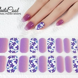 Purple Color Transparent Gradient Real nail Polish Strips Nail art Wraps Street Art 20 Strips Floral Flower Pattern