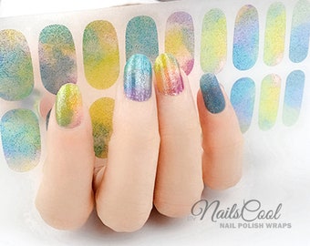 Rainbow Glitter Real Nail Polish Strips Nail art Wraps Street Art Design 22 Strips