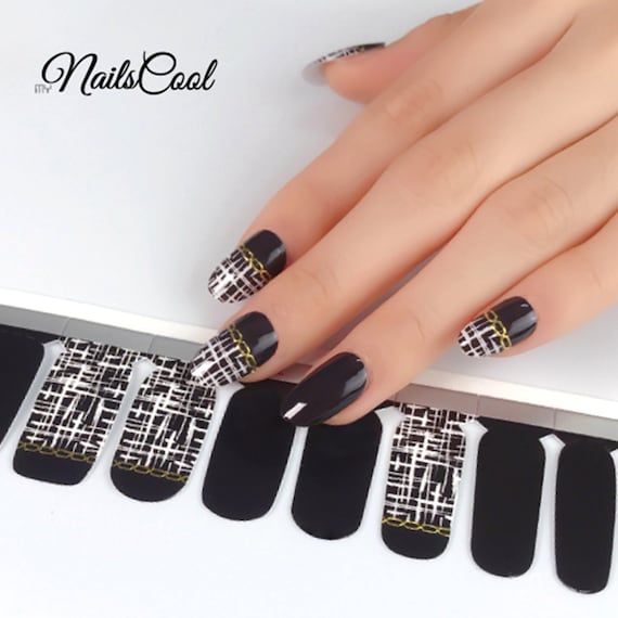 Black & White Color 3D Gold Chain Real nail Polish Strips Nail | Etsy