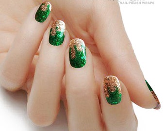 Nail Wraps Nail Stickers French Style Green & Gold Color Glitter Sequin Real nail Polish Street Art Milk Overflow Design 18 Strips