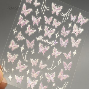 Butterfly Nail Stickers Holographic Pink 3D Nail Decals DIY Nails Nail Art 5D Nails