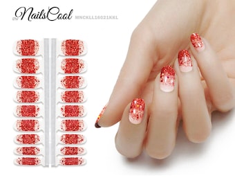 Red Color Red Gradient Glitter Sequin Transparent Real nail Polish Strips Nail art Wraps Street Art 18 Strips