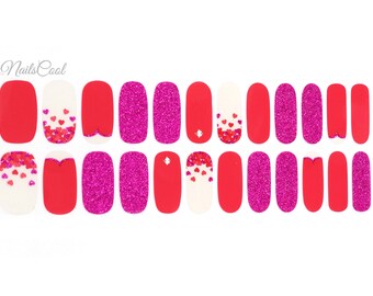 Red Color Hot Pink Glitter Heart Pattern Real nail Polish Strips Nail art Wraps Street Art 24 Strips