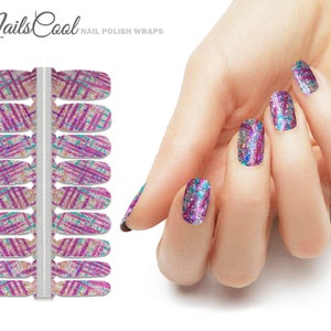 Nail Wraps Nail Stickers Pink & Purple Color Glitter Sequin Gradient Real nail Polish Strips Street Art 18 Strips