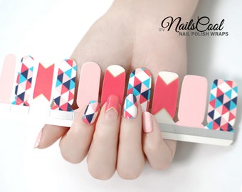 Pink Color Real nail Polish Strips Nail art Wraps Street Art Design Triangle Pattern 3D Gold Line 20 Strips