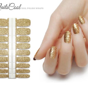 Gold Color Glitter Real nail Polish Strips Nail art Nail Wraps Street Art 18 Strips