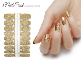Gold Color Glitter Real nail Polish Strips Nail art Nail Wraps Street Art 18 Strips