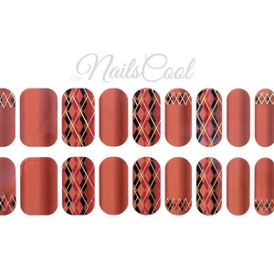 May include: Set of 10 red and black plaid nail wraps with gold accents. The nail wraps are designed to fit different fingernail sizes.